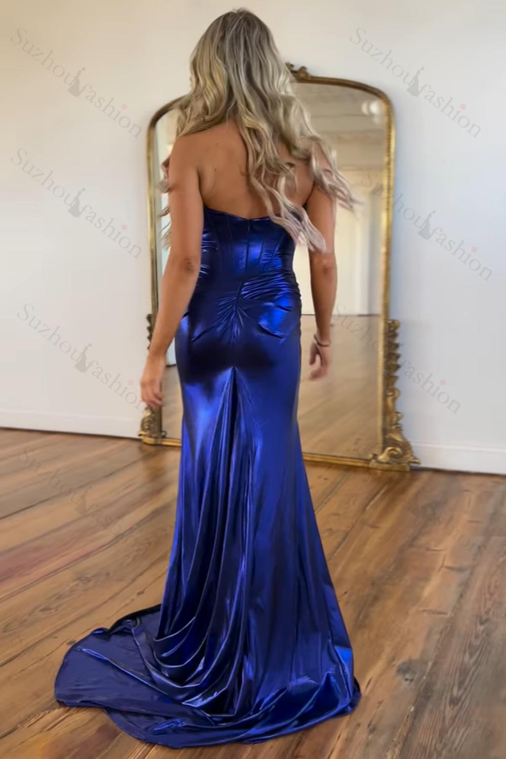 Mermaid Metallic Dark Purple Prom Dress Strapless Long Formal Dress With Slit