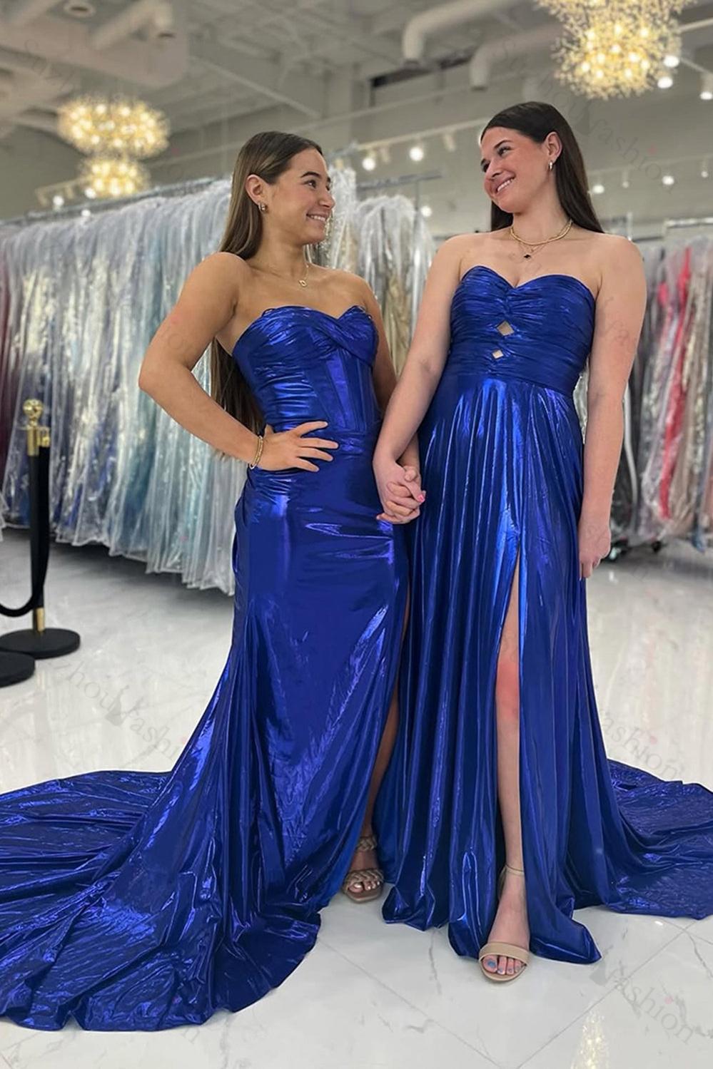 Mermaid Metallic Dark Purple Prom Dress Strapless Long Formal Dress With Slit
