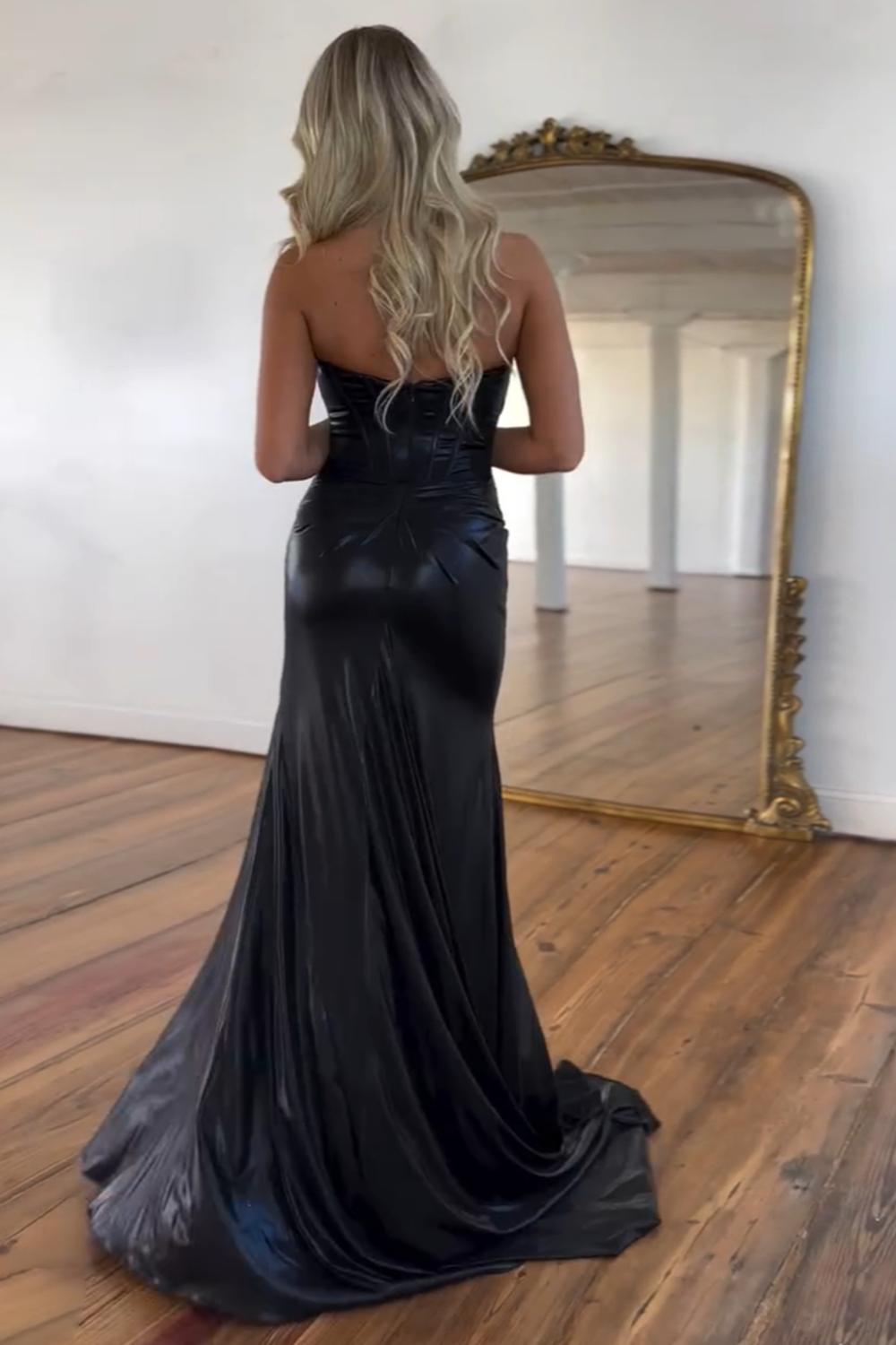 Mermaid Metallic Dark Purple Prom Dress Strapless Long Formal Dress With Slit