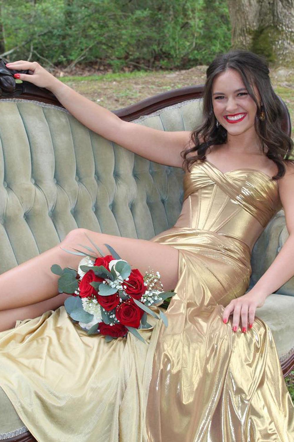 Mermaid Metallic Dark Purple Prom Dress Strapless Long Formal Dress With Slit