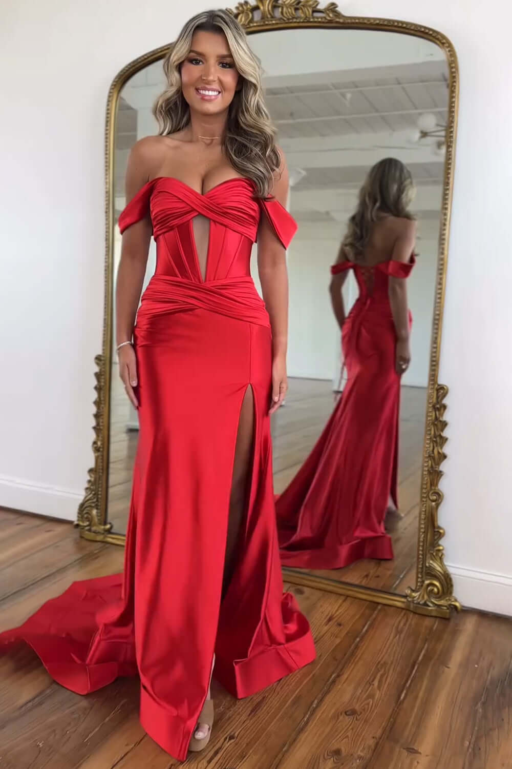 Emerald Green Prom Dress Off The Shoulder Mermaid Long Formal Dress With Slit