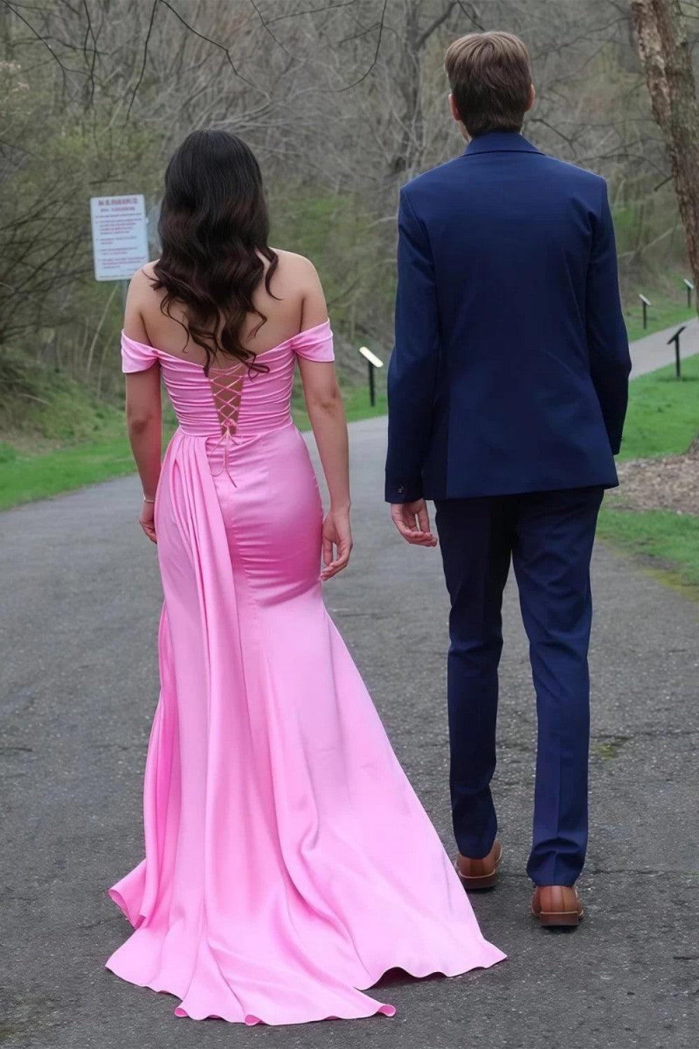 Mermaid Off The Shoulder Pink Long Prom Dress With Split Front Beading Formal Evening Gown