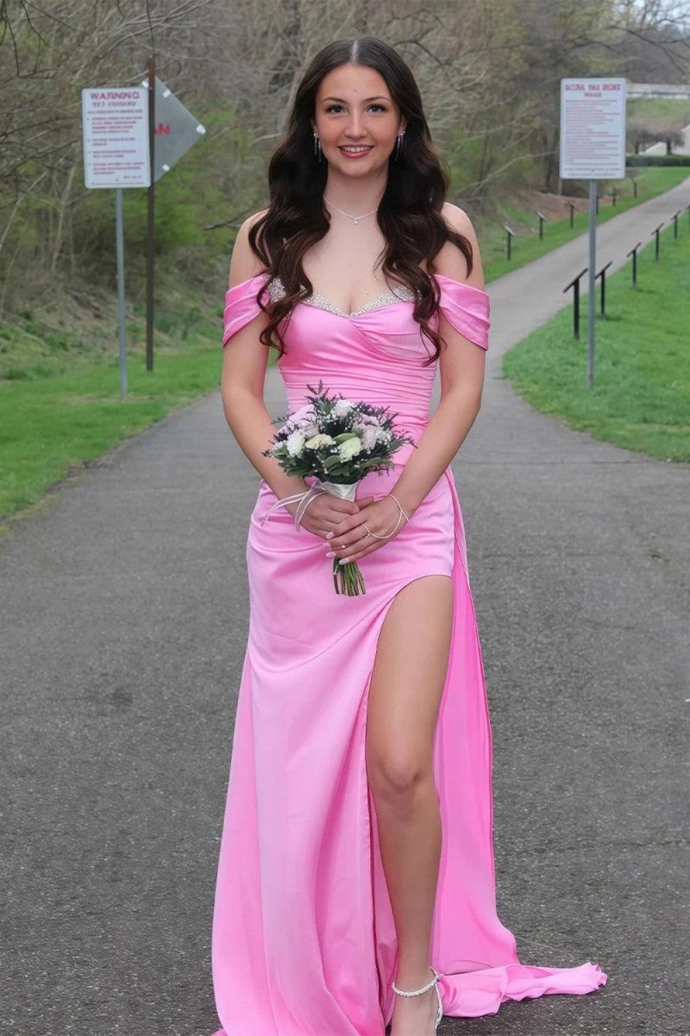 Mermaid Off The Shoulder Pink Long Prom Dress With Split Front Beading Formal Evening Gown