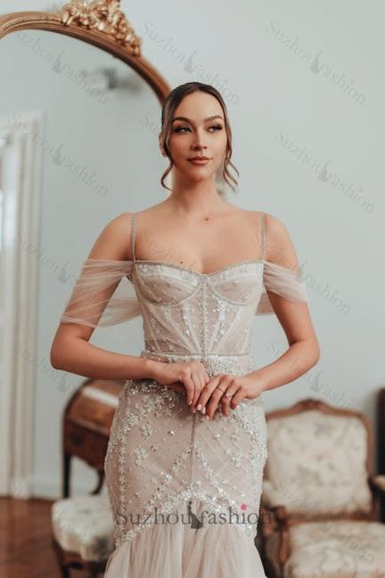 Mermaid Off The Shoulder Spaghetti Strap Sleeveless Lace Long Tulle Bridal Gown With Appliques