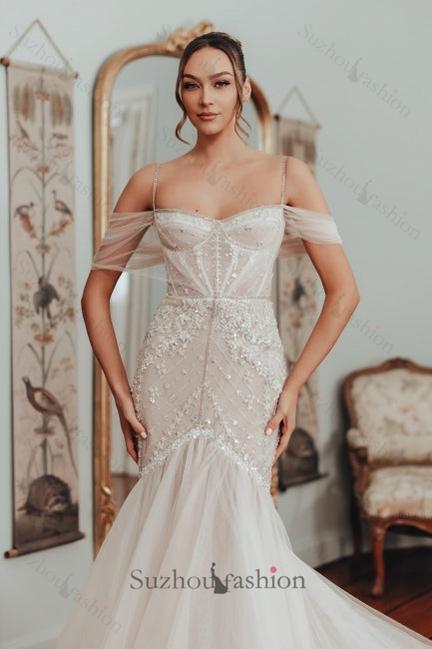 Mermaid Off The Shoulder Spaghetti Strap Sleeveless Lace Long Tulle Bridal Gown With Appliques