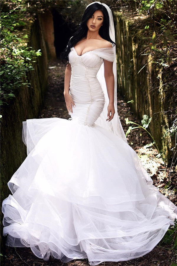 Mermaid Off The Shoulder Wedding Dresses  | Tiered Tulle Sexy Beads Bride Dresses