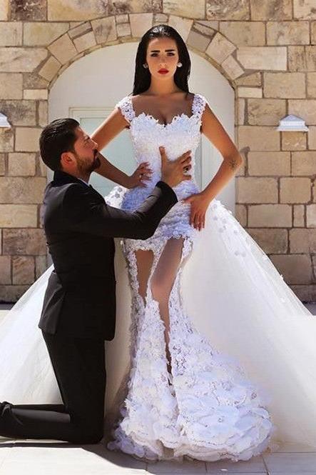 Mermaid Off the Shoulder Lace Beach Wedding Dress New Arrival Detachable Train Summer Bridal Gown MH060