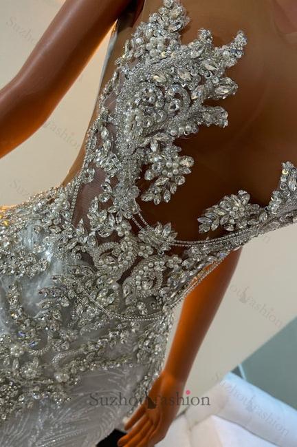 Mermaid Prom Dress Beaded Sleeveless Sweep Train Tulle Formal Dress