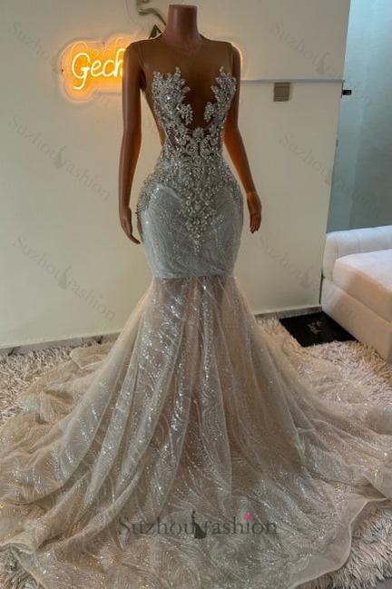Mermaid Prom Dress Beaded Sleeveless Sweep Train Tulle Formal Dress