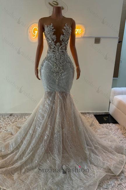Mermaid Prom Dress Beaded Sleeveless Sweep Train Tulle Formal Dress
