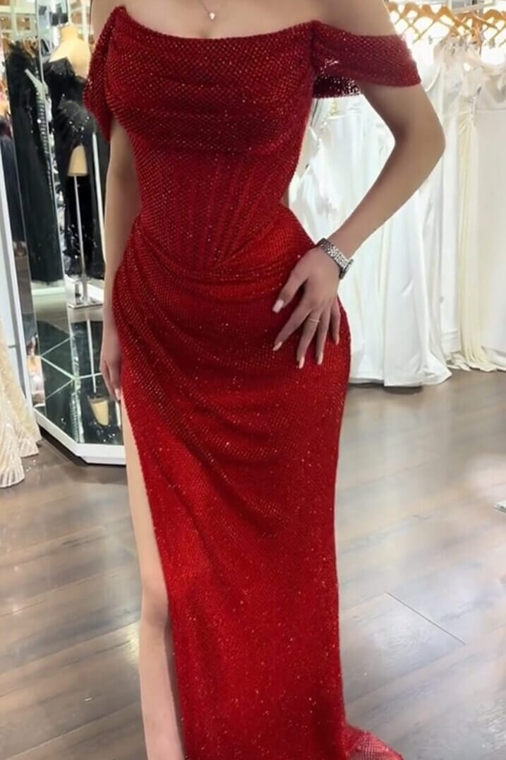 Sequined Off the Shoulder Sleeveless Long Evening Formal Dress With Split