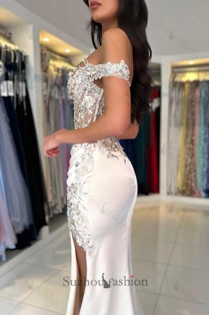 Mermaid Prom Dress Lace Off The Shoulder Sleeveless Formal Dress With Slit