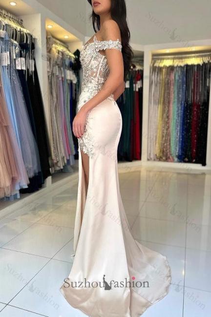 Mermaid Prom Dress Lace Off The Shoulder Sleeveless Formal Dress With Slit