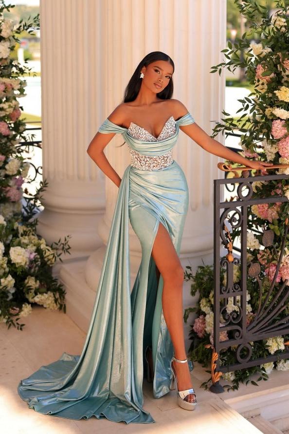 Mermaid Prom Dress Off The Shoulder V Neck Lace Rhinestones Formal Dress With Slit