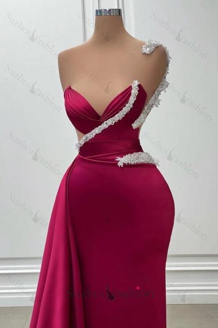 Mermaid Prom Dress One Shoulder Beading Satin Formal Dress