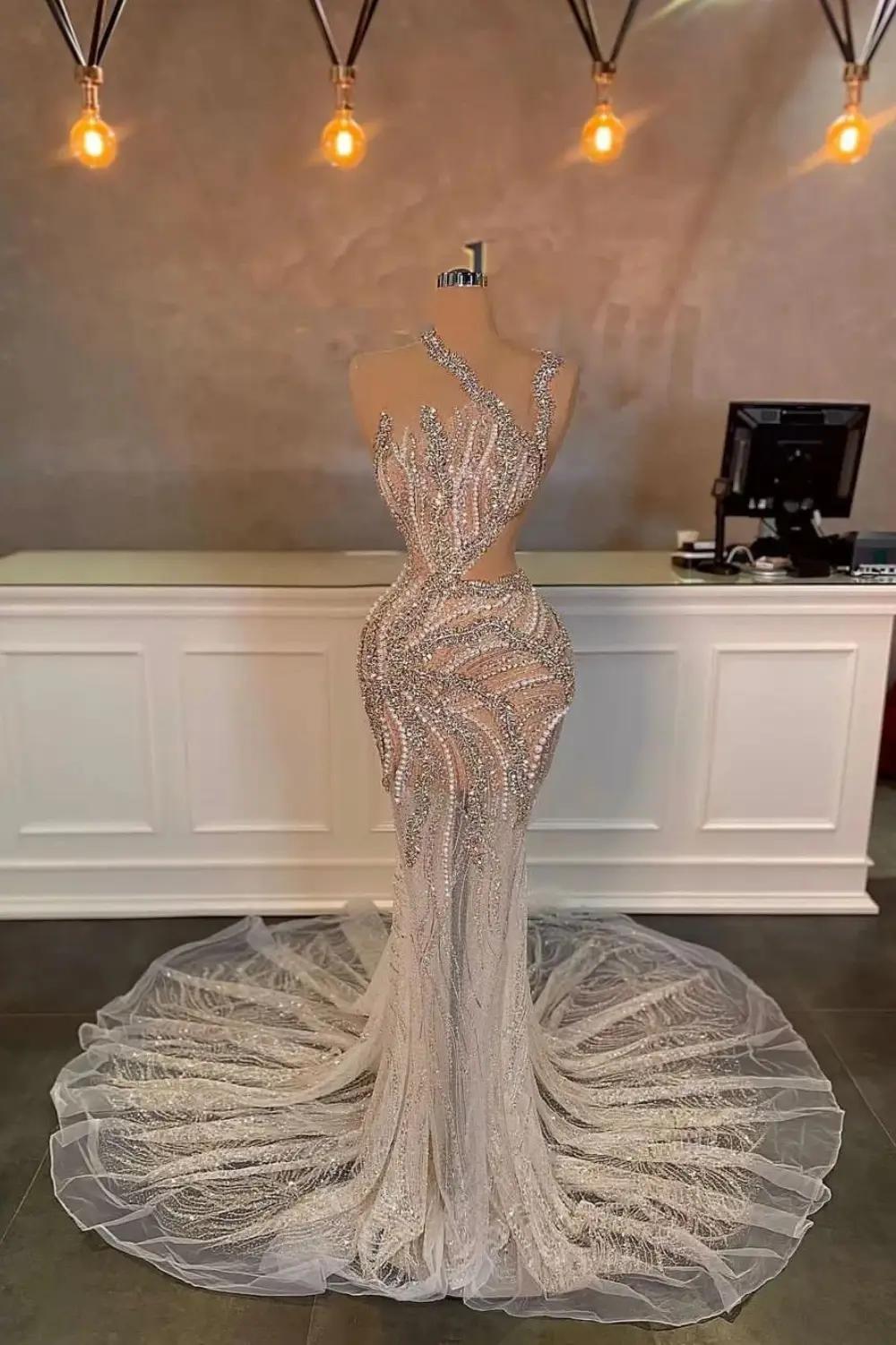 Mermaid Prom Dress One Shoulder Beading Sequined Sleeveless Formal Dress