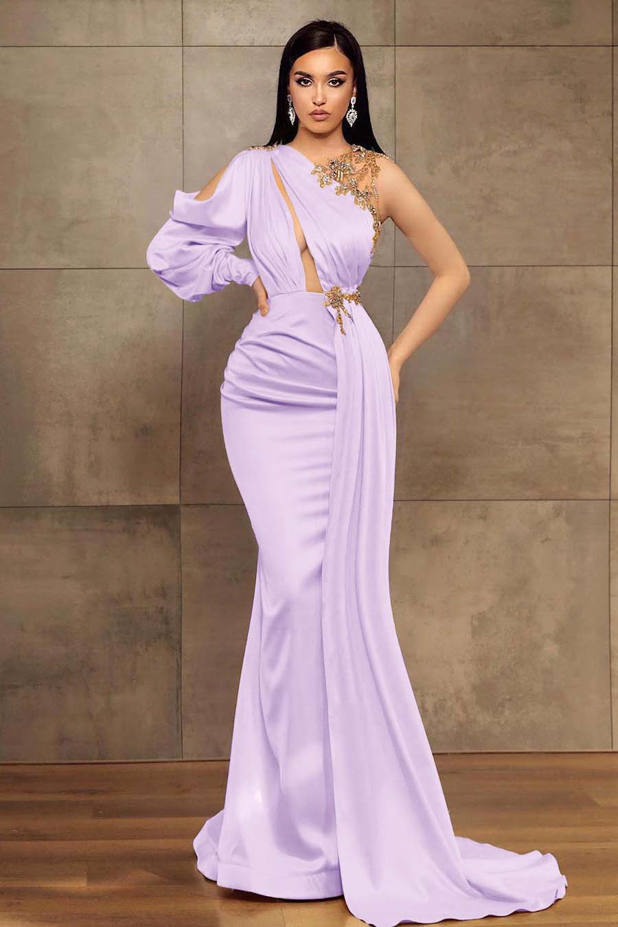 Mermaid Prom Dress One Shoulder Long Sleeve Pleated Long Evening Formal Dress With Beadings