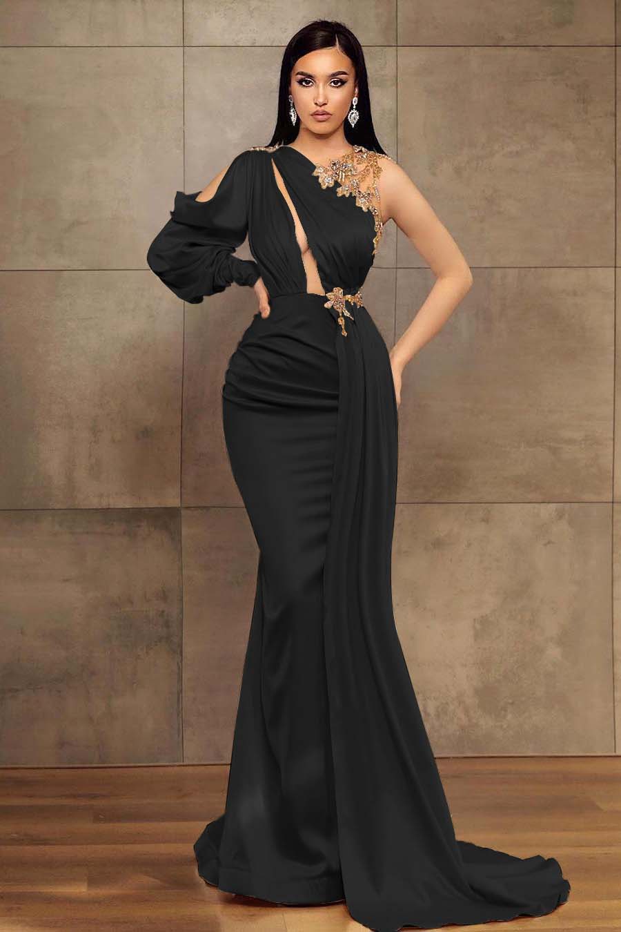 Mermaid Prom Dress One Shoulder Long Sleeve Pleated Long Evening Formal Dress With Beadings