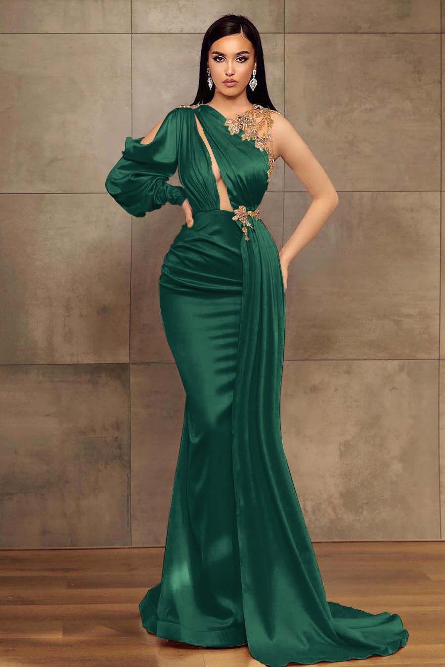 Mermaid Prom Dress One Shoulder Long Sleeve Pleated Long Evening Formal Dress With Beadings