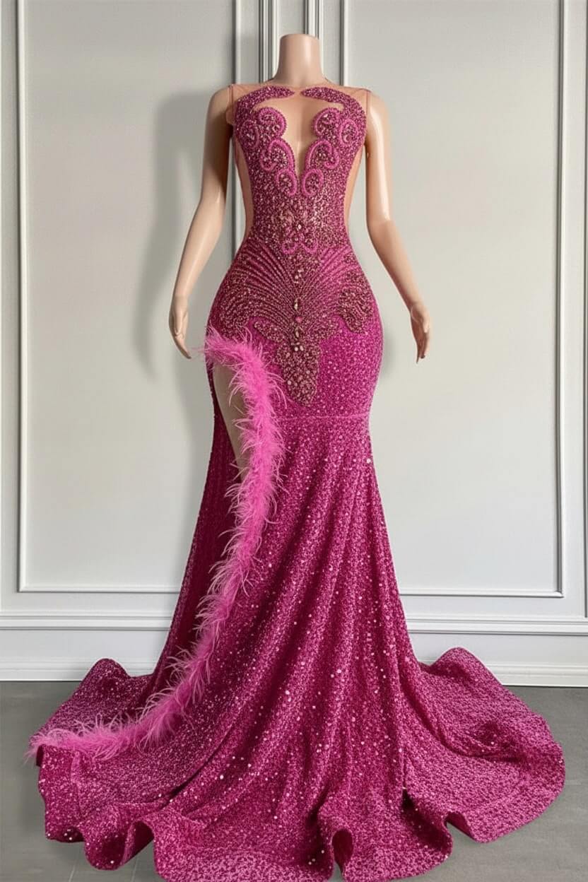 Mermaid Prom Dress Orange Split Sequin Formal Dress with Beadings and Feathers