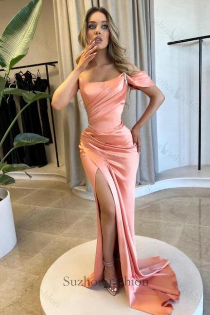 Mermaid Prom Dress Satin One Shoulder Sleeveless Formal Dress With Slit
