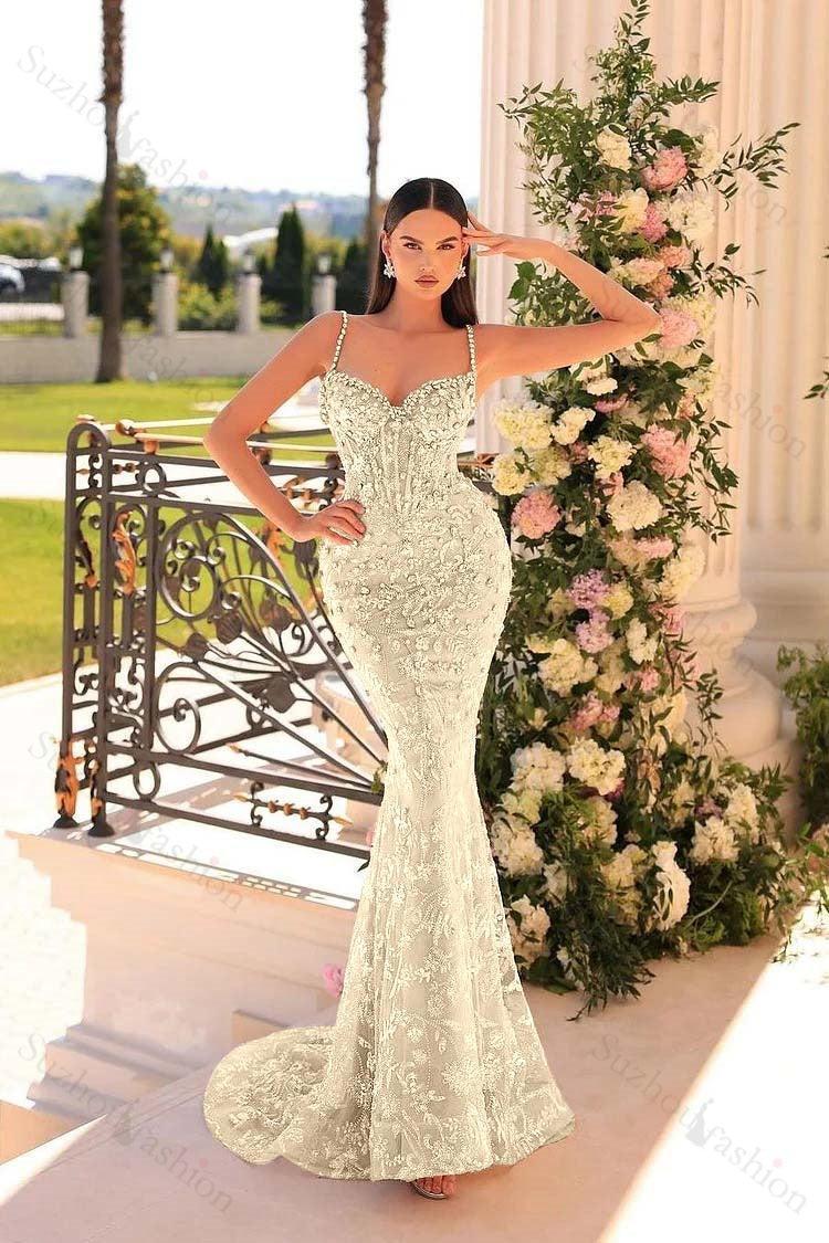 Mermaid Prom Dress Spaghetti Straps Lace Beading Sleeveless Formal Dress
