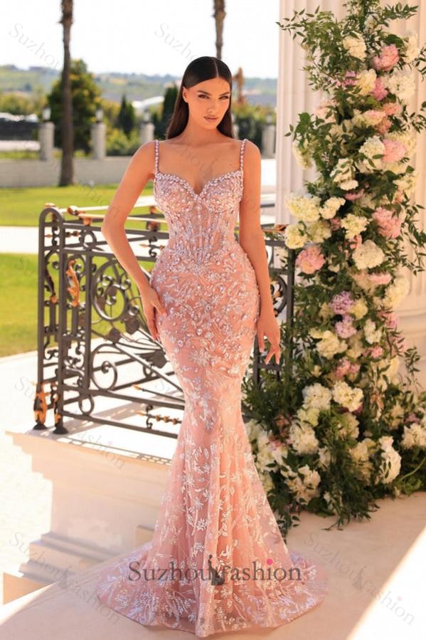 Mermaid Prom Dress Spaghetti Straps Lace Beading Sleeveless Formal Dress