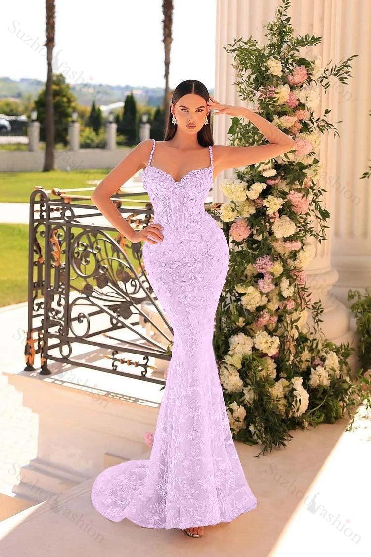 Mermaid Prom Dress Spaghetti Straps Lace Beading Sleeveless Formal Dress