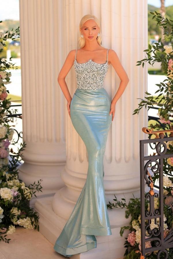 Mermaid Prom Dress Spaghetti Straps Lace Formal Dress With Glitter