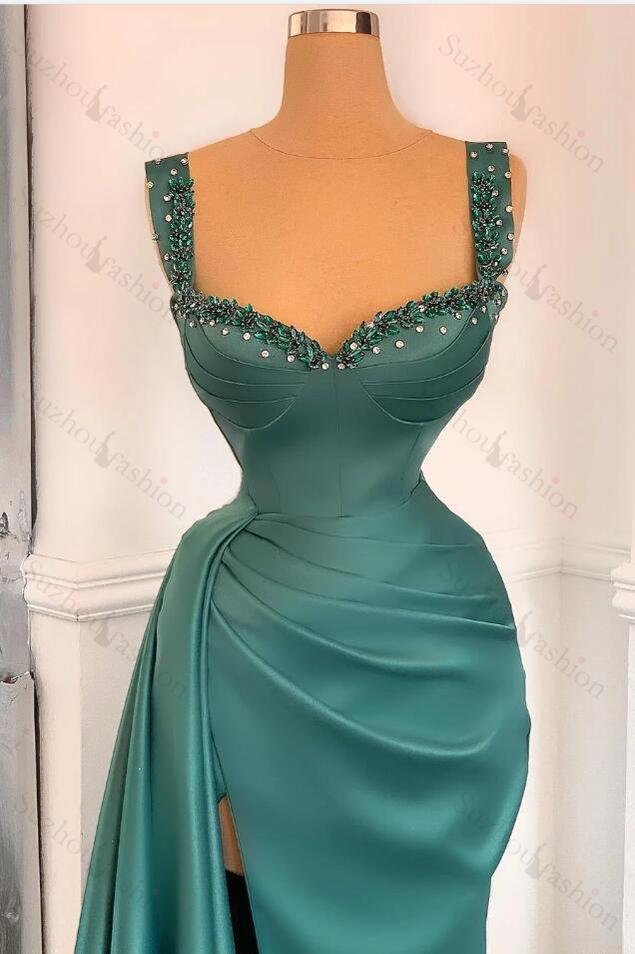 Mermaid Prom Dress Straps Sweetheart Sleeveless Beadings Evening Formal Dress With Side Split