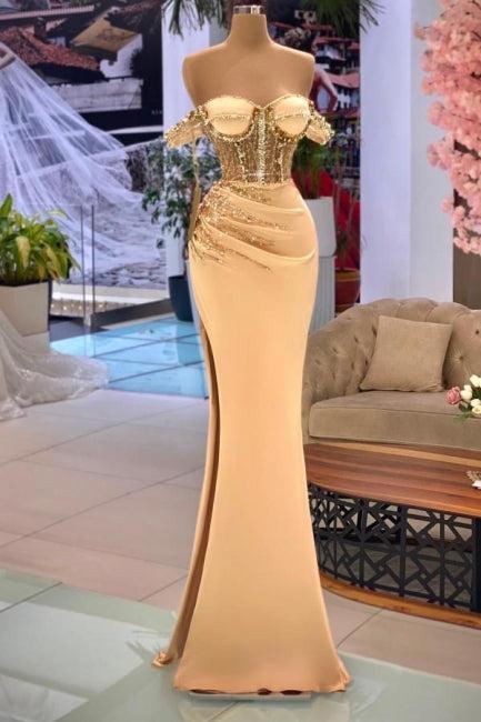 Mermaid Prom Dress Sweetheart Off The Shoulder Beaded Floor Length Formal Dress With High Slit