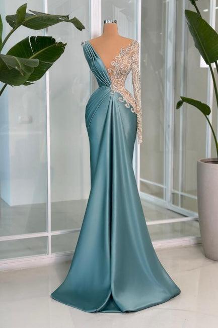 Mermaid Prom Dress V Neck Lace Rhinestones Satin Sleeve Formal Dress