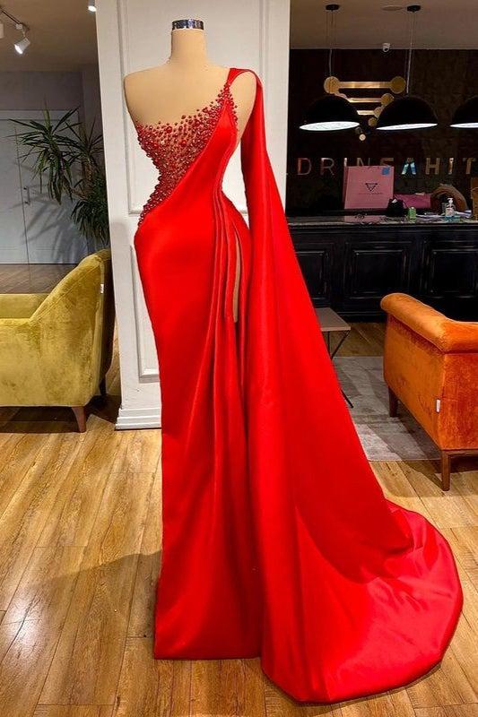 Mermaid Red Prom Dress One Shoulder Sleeveless Ruffled Evening Formal Dress Split With Beadings