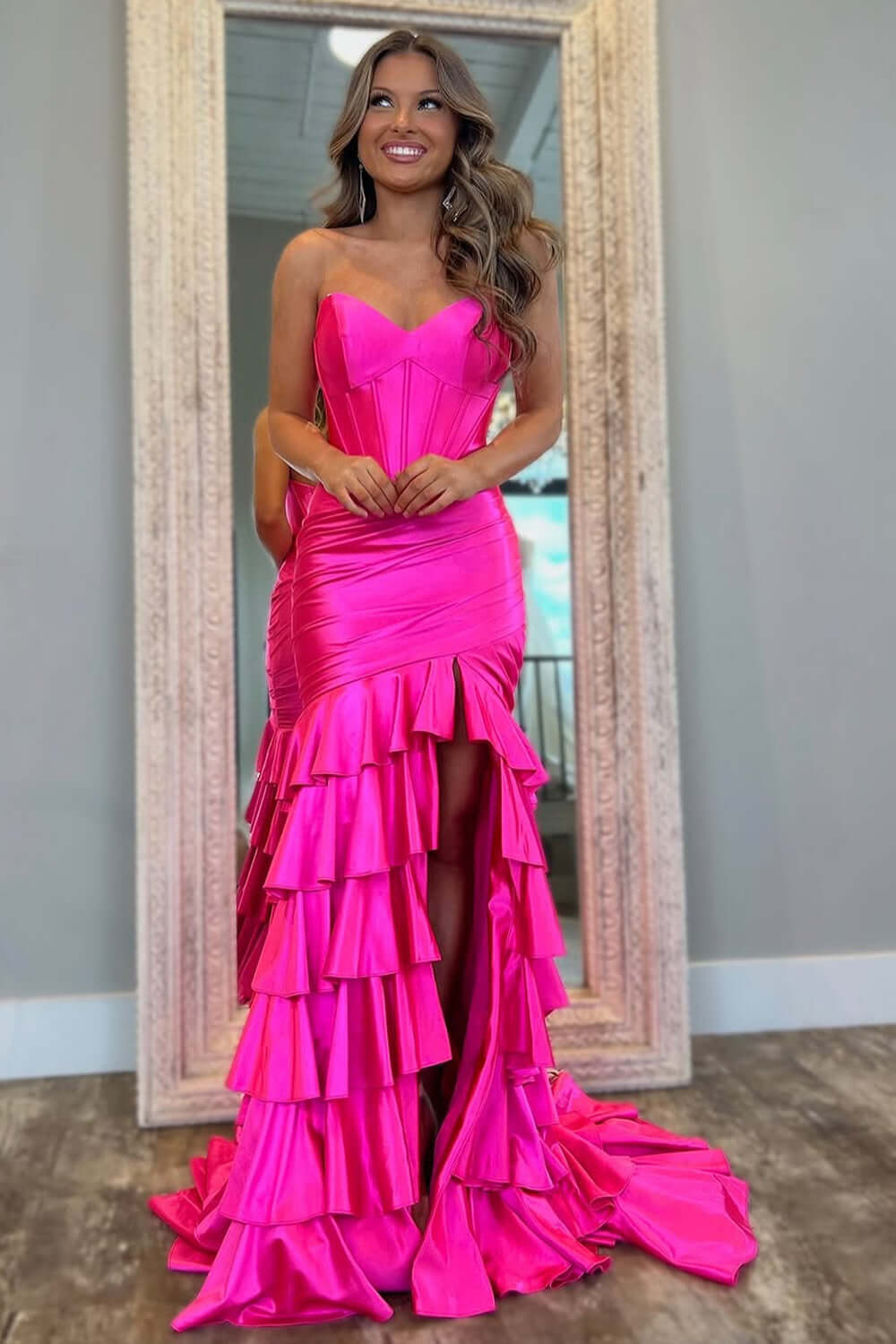 Mermaid Sage Prom Dress Sweetheart Corset Ruffled Long Formal Dress With Slit