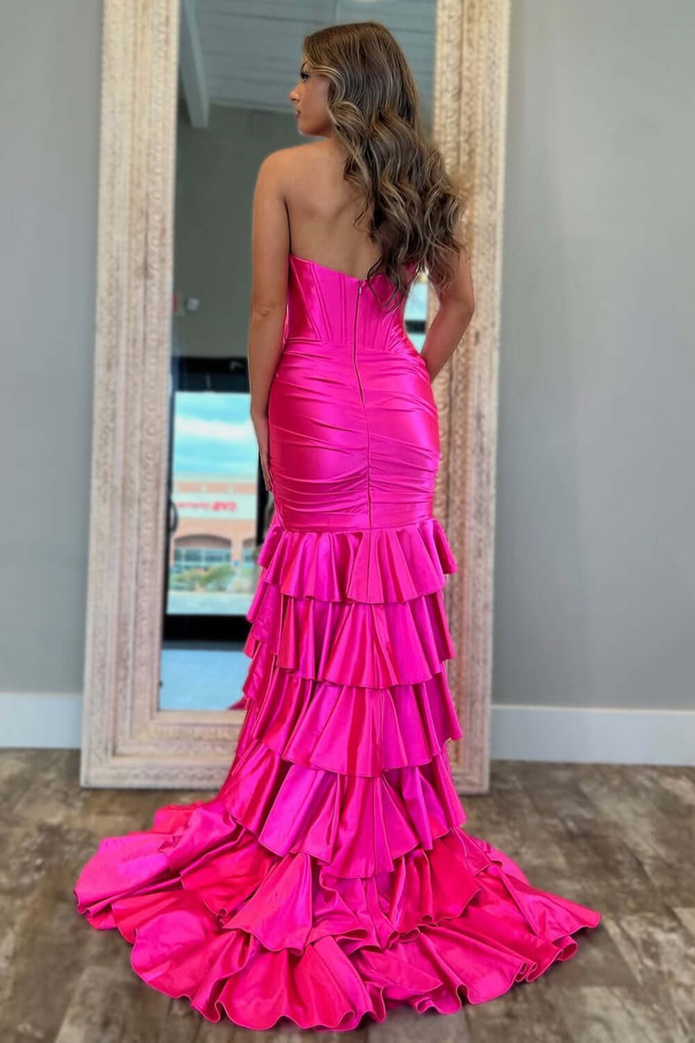 Light Blue Prom Dress Mermaid Sweetheart Corset Satin Ruffled Long Formal Dress With Slit