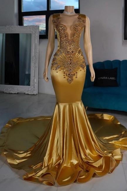 Mermaid Satin Prom Dress V Neck Sleeveless Yellow Formal Dress With Beading