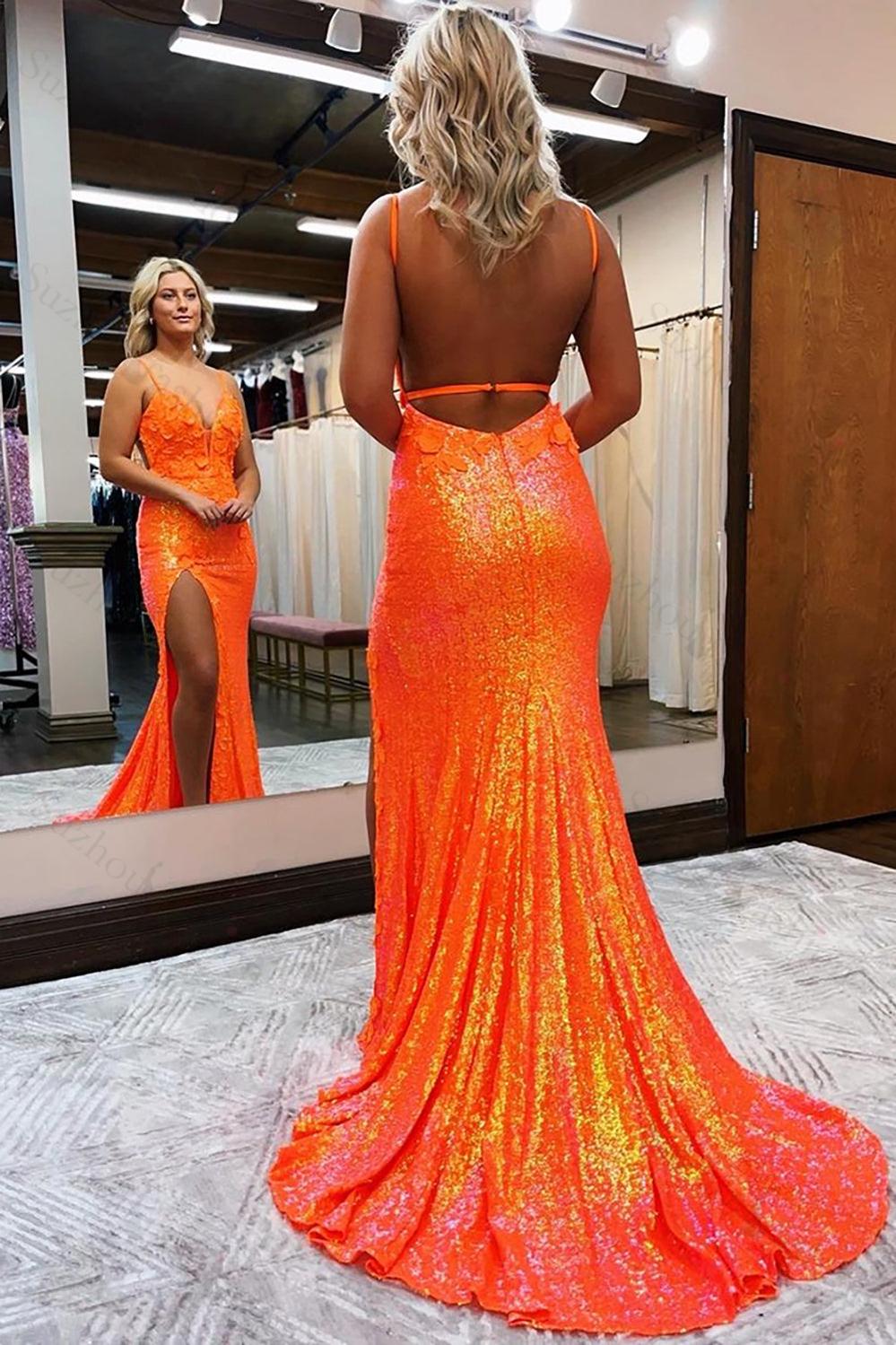 Mermaid Spaghetti Straps Orange Prom Dress Formal Dress With 3D Flowers