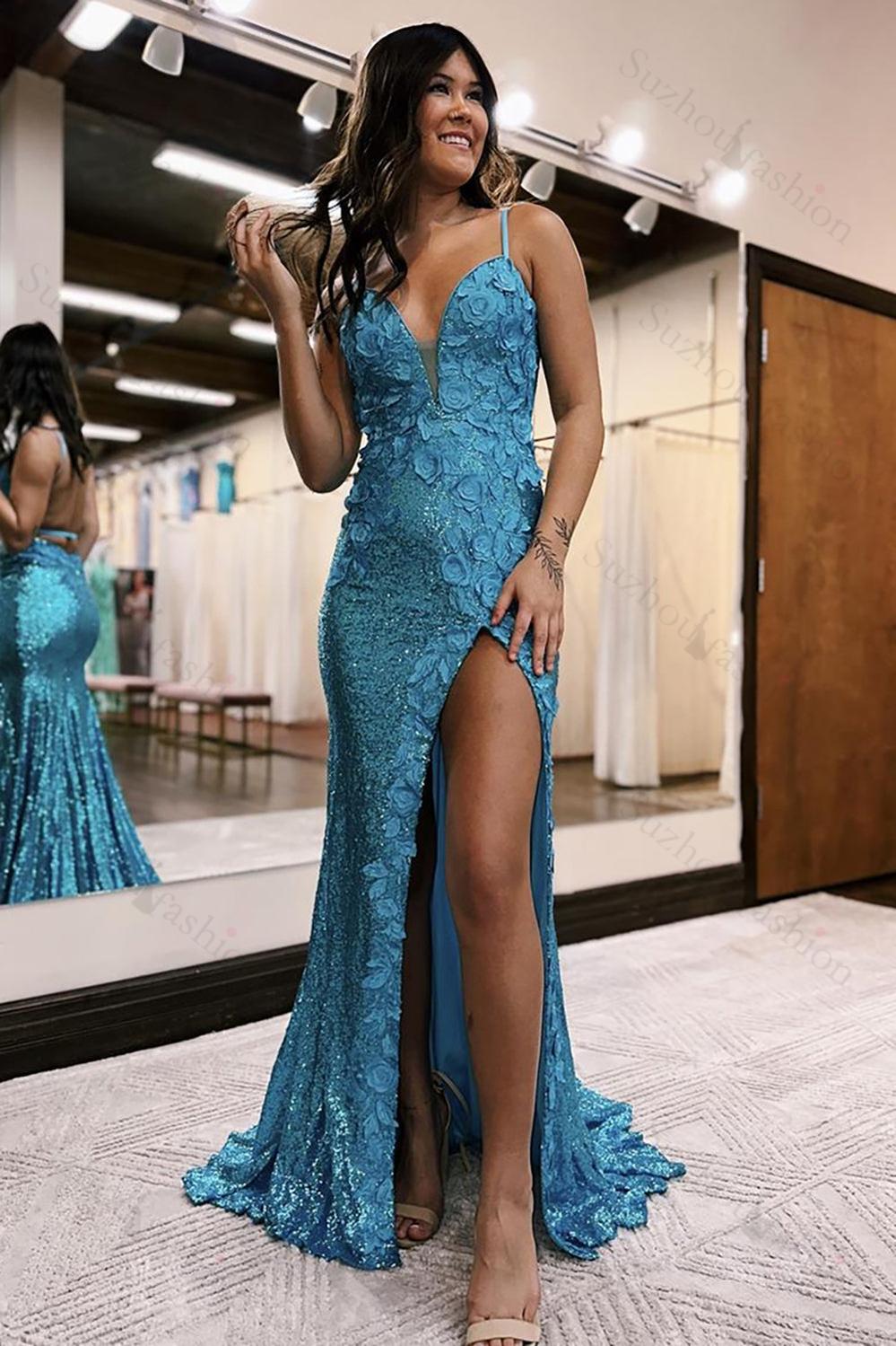Mermaid Spaghetti Straps Orange Prom Dress Formal Dress With 3D Flowers