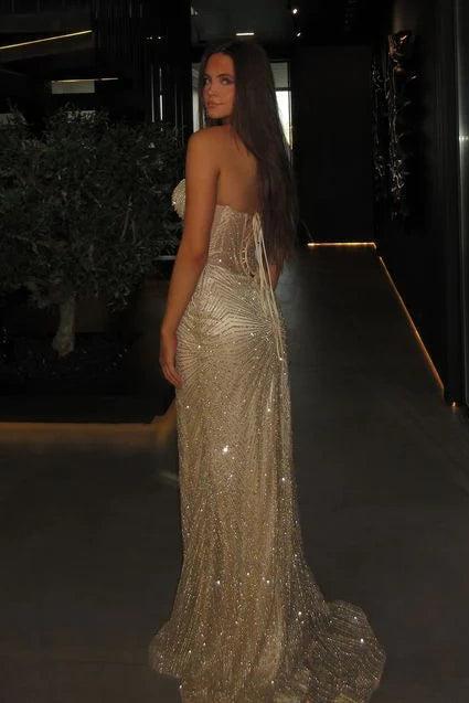 Suzhoufashion Mermaid Spaghetti Straps Silver Corset Prom Dress With Beading Formal Evening Gown