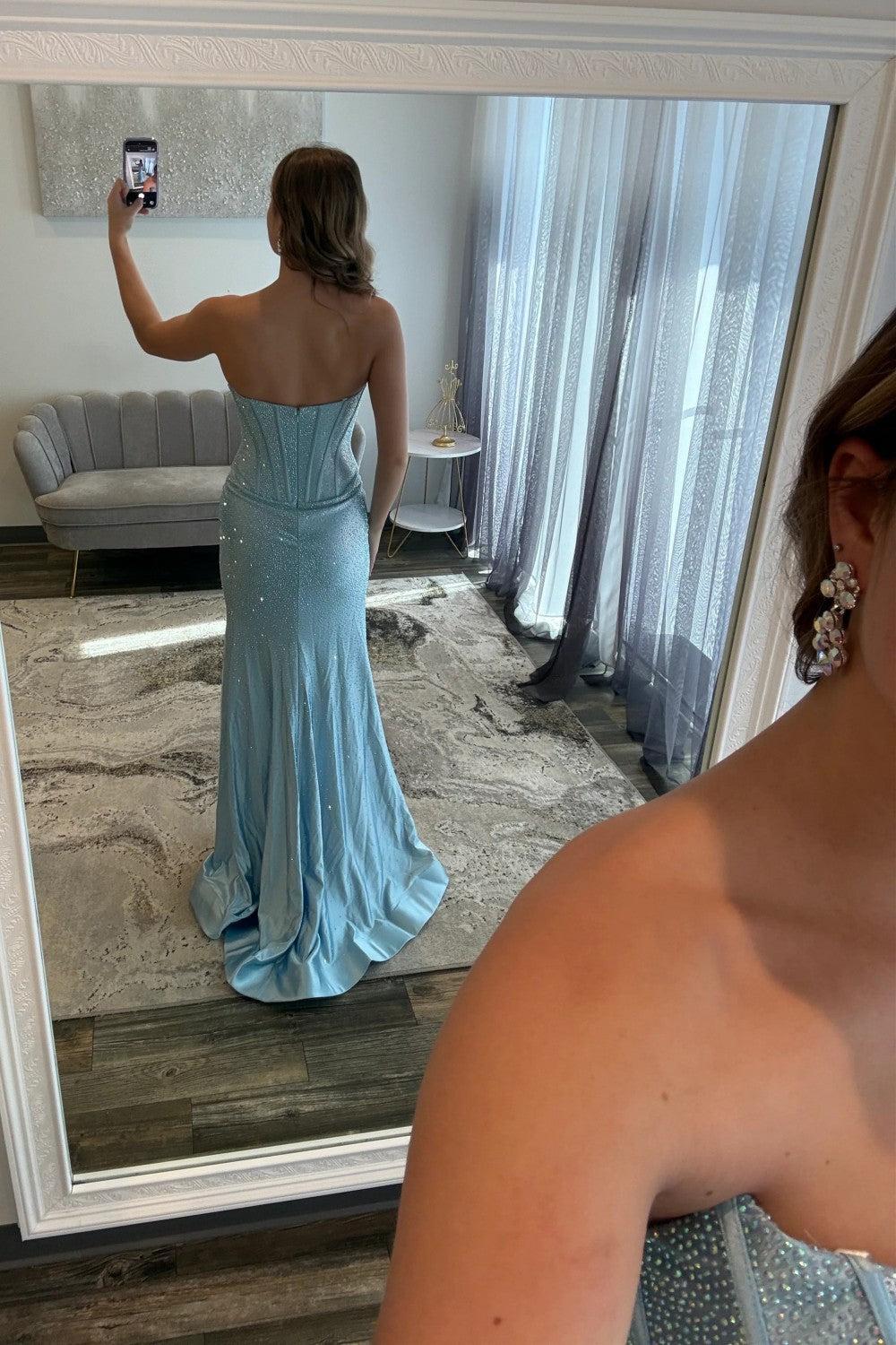 Mermaid Strapless Hot Pink Long Prom Dress With Beading Split Front Formal Evening Gown