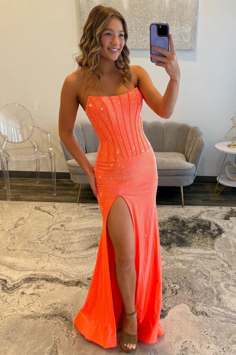 Mermaid Strapless Hot Pink Long Prom Dress With Beading Split Front Formal Evening Gown