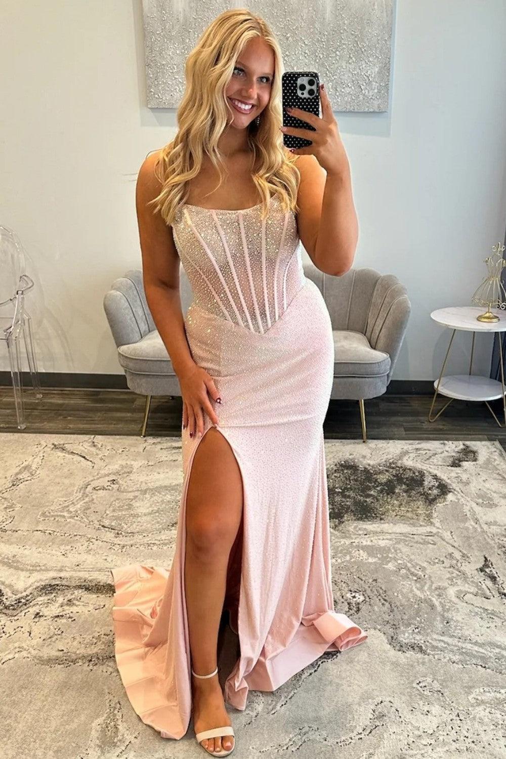 Mermaid Strapless Light Blue Corset Prom Dress With Beading Formal Evening Gown
