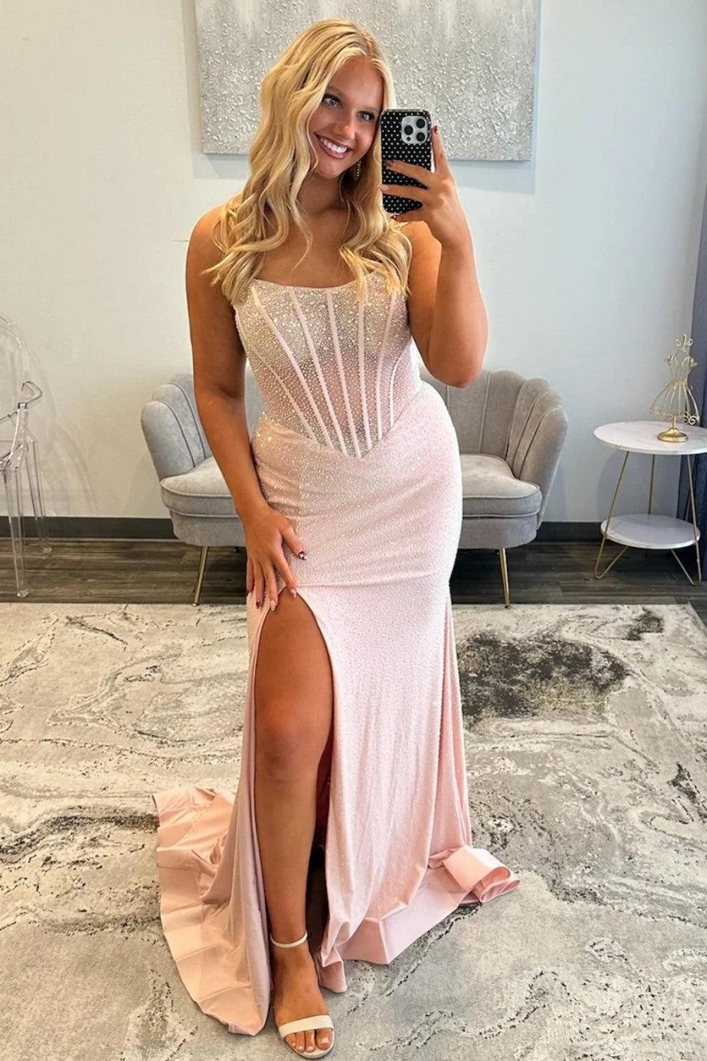 Mermaid Strapless Light Blue Corset Prom Dress With Beading Formal Evening Gown