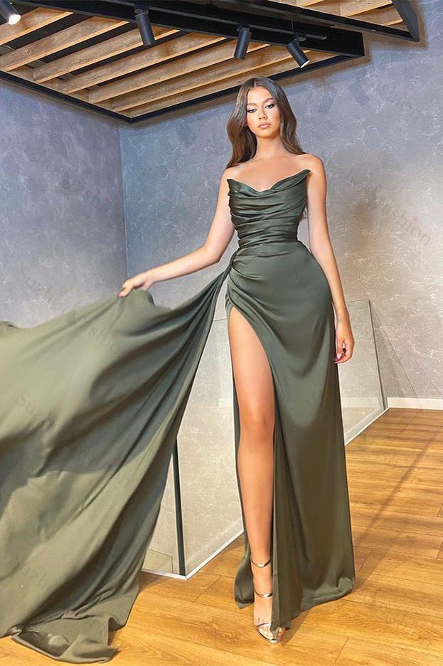 Mermaid Strapless Prom Dress Sleeveless Long Pleated Evening Formal Dress With High Split