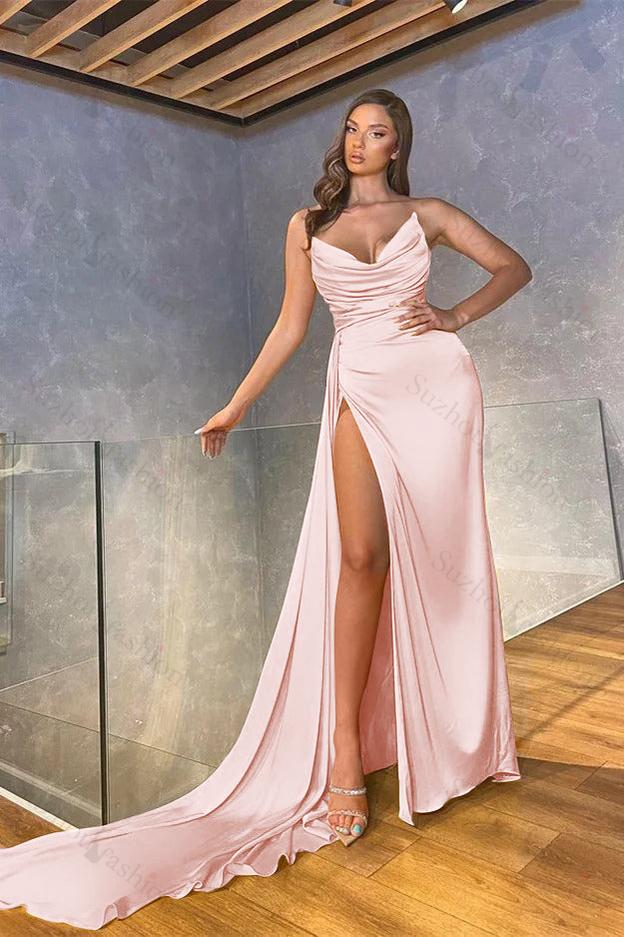 Mermaid Strapless Prom Dress Sleeveless Long Pleated Evening Formal Dress With High Split