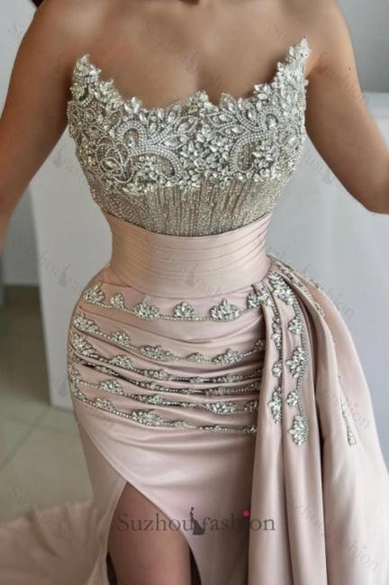 Mermaid Strapless Satin Jewels Formal Dress With Side Slit