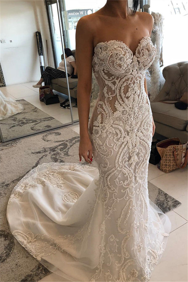 Mermaid Sweetheart Beach Wedding Dresses | Sheer Tulle Lace Bridal Gowns
