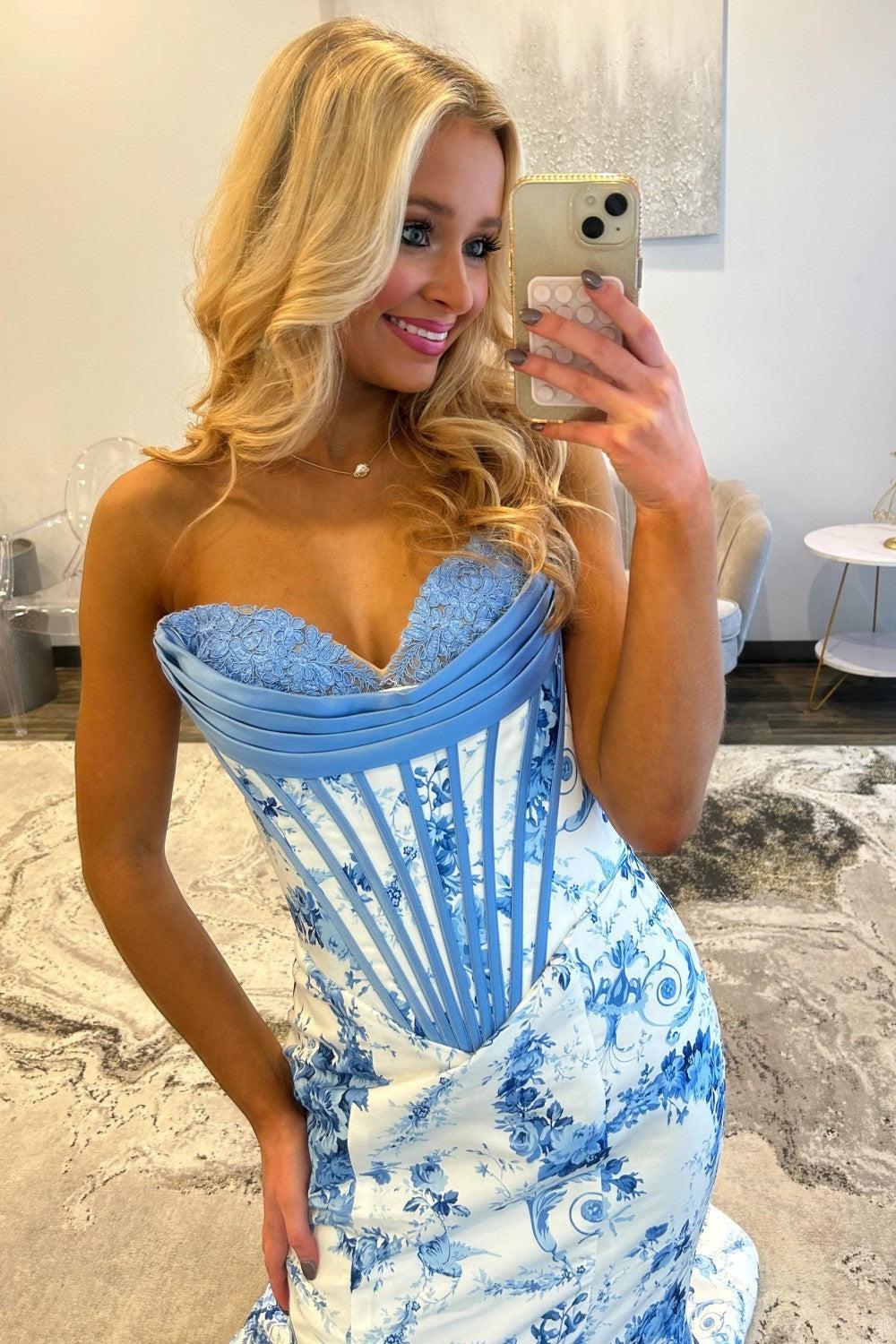 Mermaid Sweetheart Blue Corset Prom Dress With Appliques Formal Evening Gown