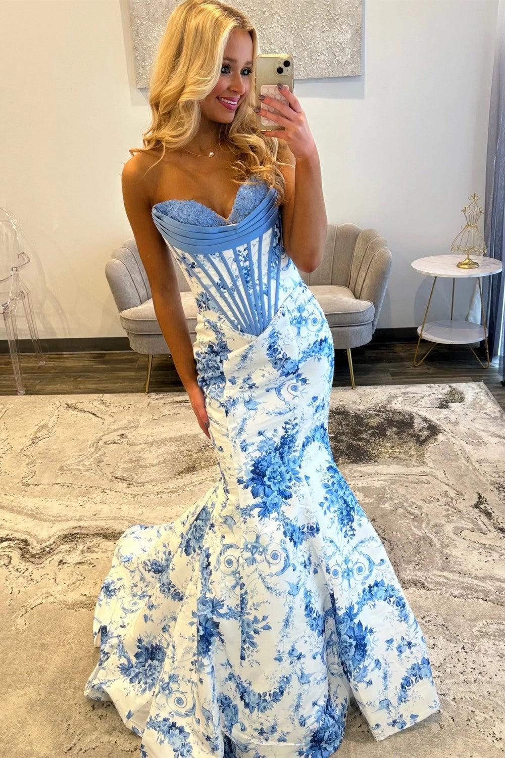 Mermaid Sweetheart Blue Corset Prom Dress With Appliques Formal Evening Gown
