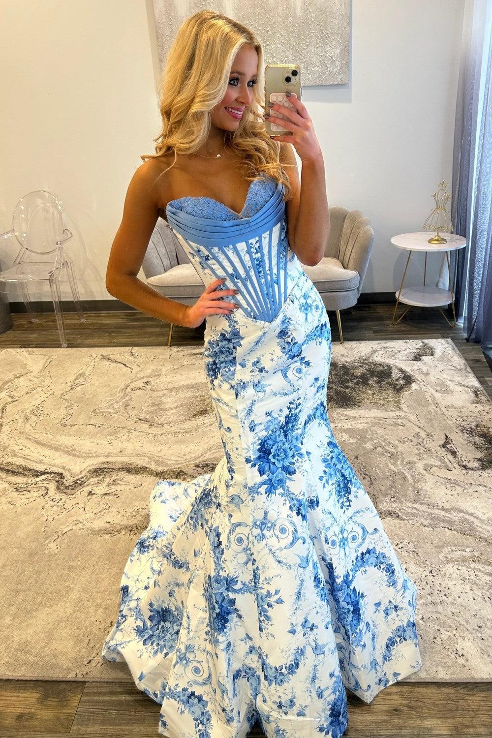 Mermaid Sweetheart Blue Corset Prom Dress With Appliques Formal Evening Gown